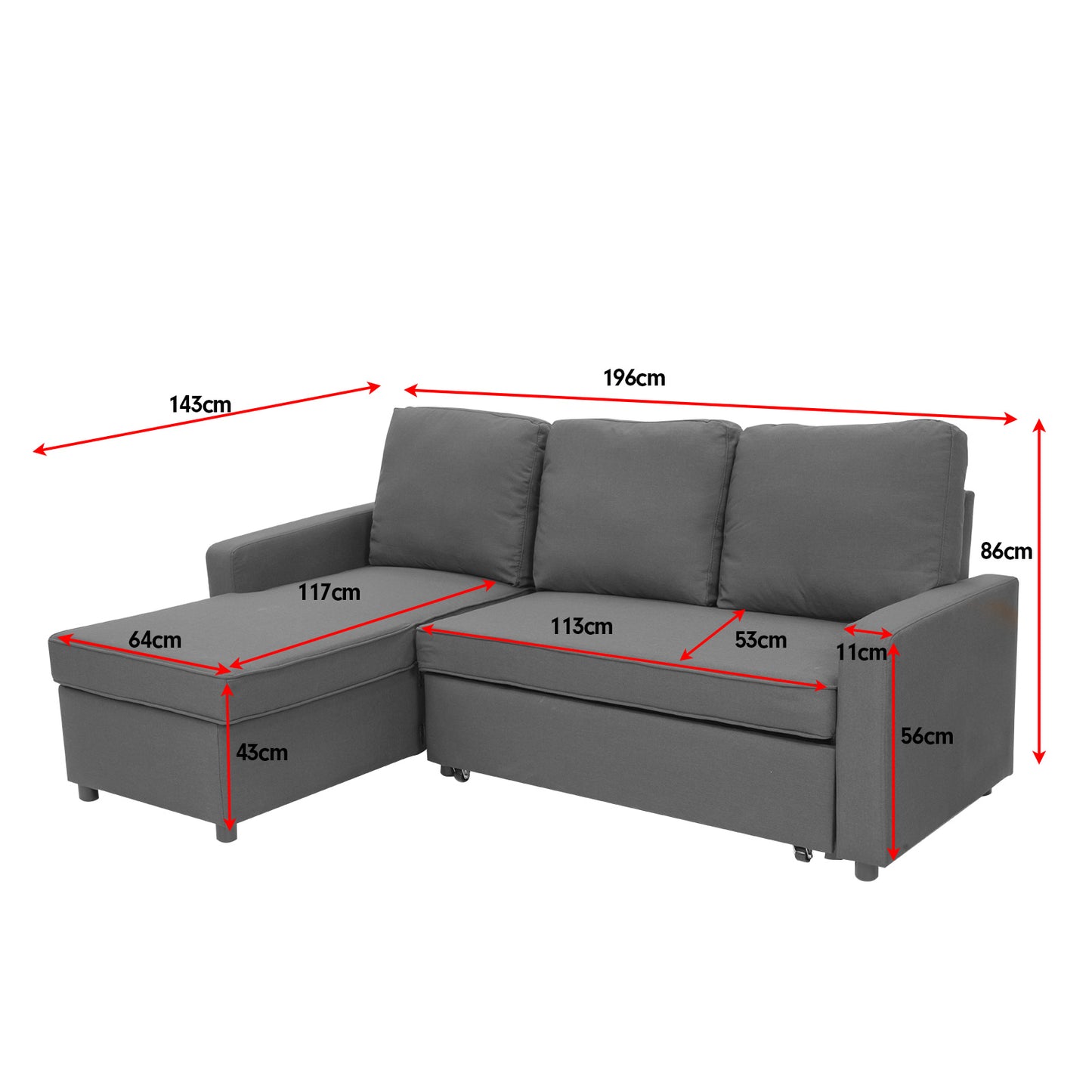 Sarantino 3 Seater Corner Sofa Bed Storage Chaise - Grey