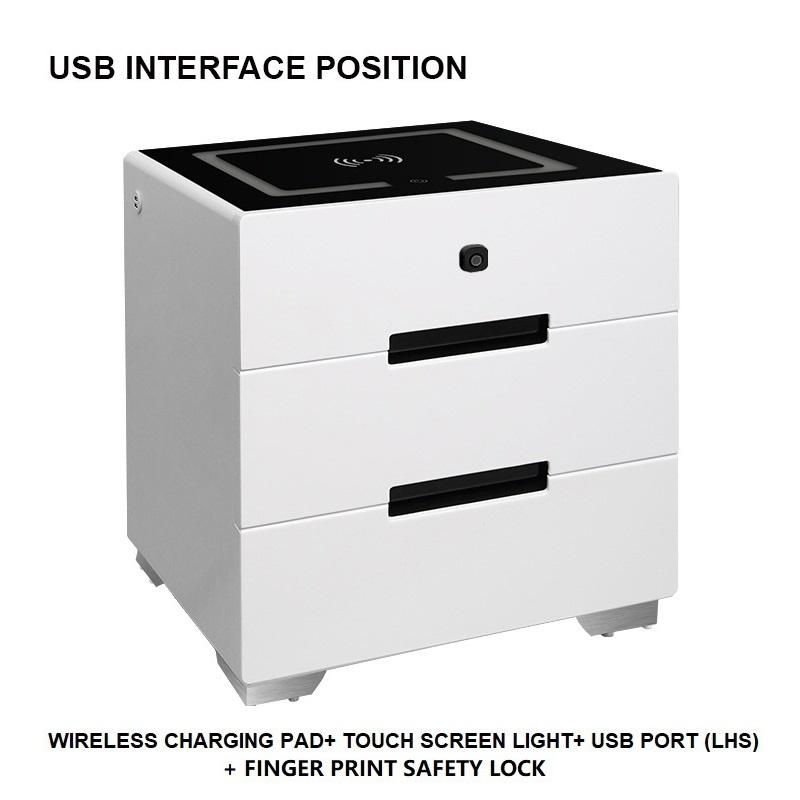 Smart Bedside Table Finger Print Lock Side 3 Drawers Wireless Charging USB
