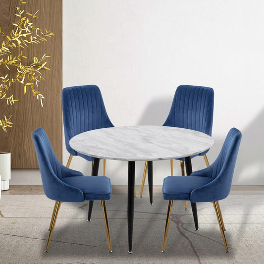 5 piece Round Dining Table and  Velvet Chair Set - Blue