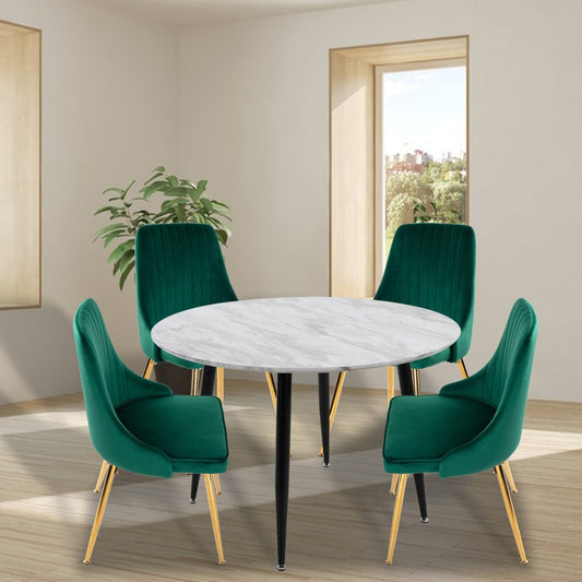 5 piece Round Dining Table and Velvet Chair Set - Green