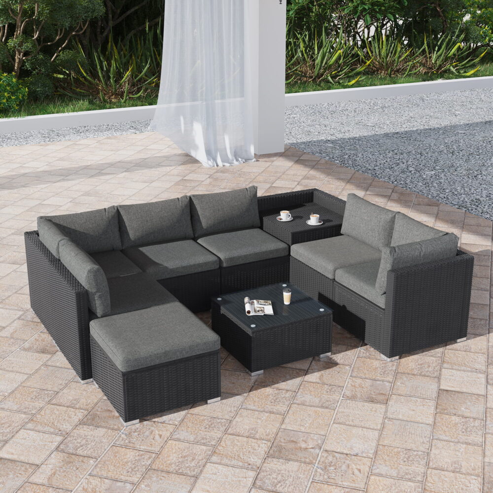 Large Modular Outdoor Ottoman Lounge Set - Black