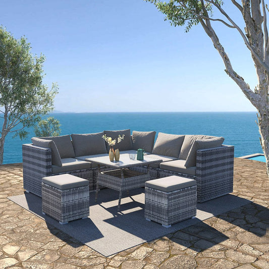 8PC Outdoor Dining Set Wicker Table & Chairs - Grey