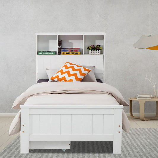 Single Solid Pine Timber Bed Frame with Bookshelf Headboard- White