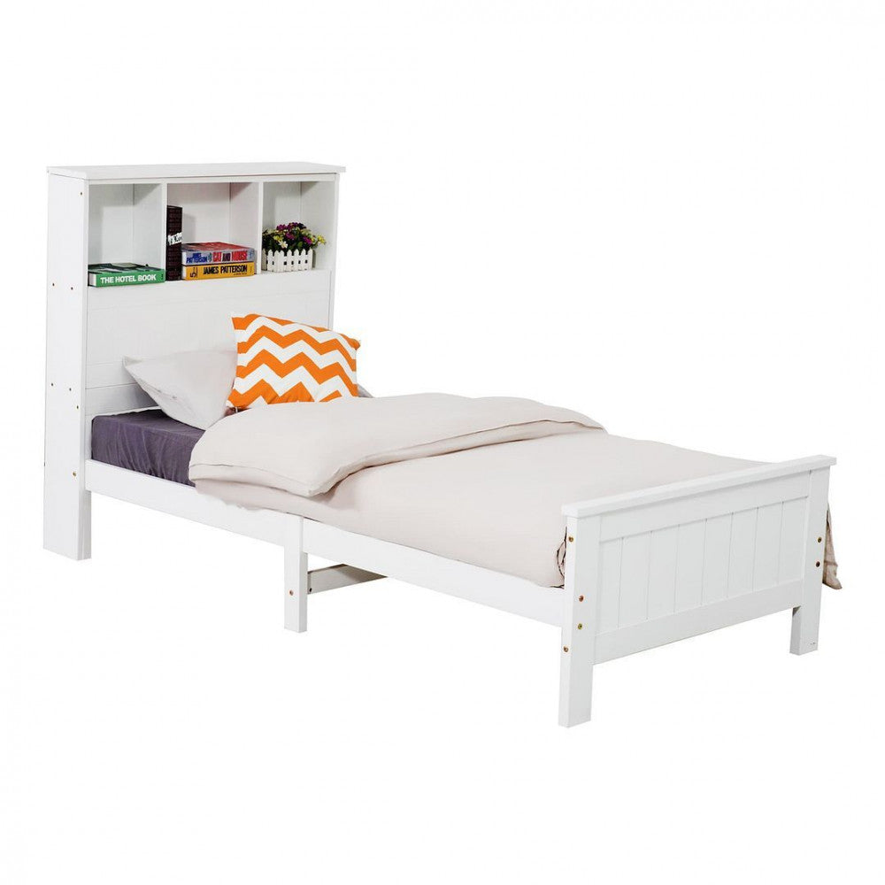 Single Solid Pine Timber Bed Frame with Bookshelf Headboard- White