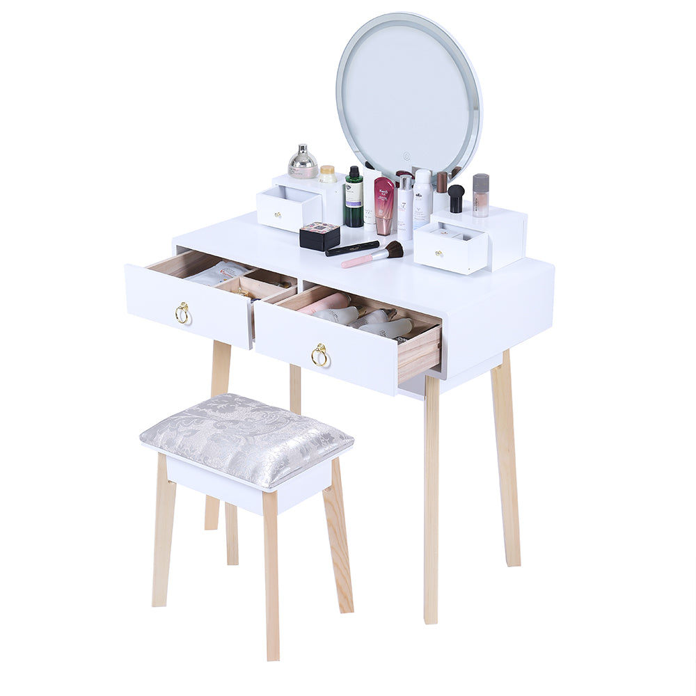 Dressing Vanity Table Stool Set with Make-up LED Lighted Mirror-White