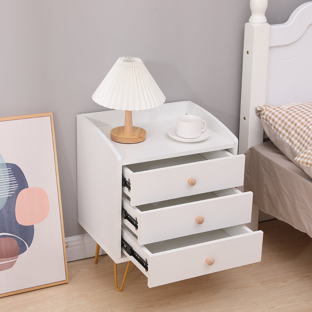 3 Drawer Bedside Table with Gold Steel Legs - White