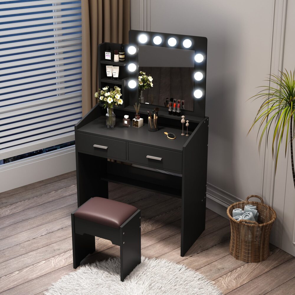 Diana Vanity Set with Shelves Cushioned Stool and Lighted Mirror - Black