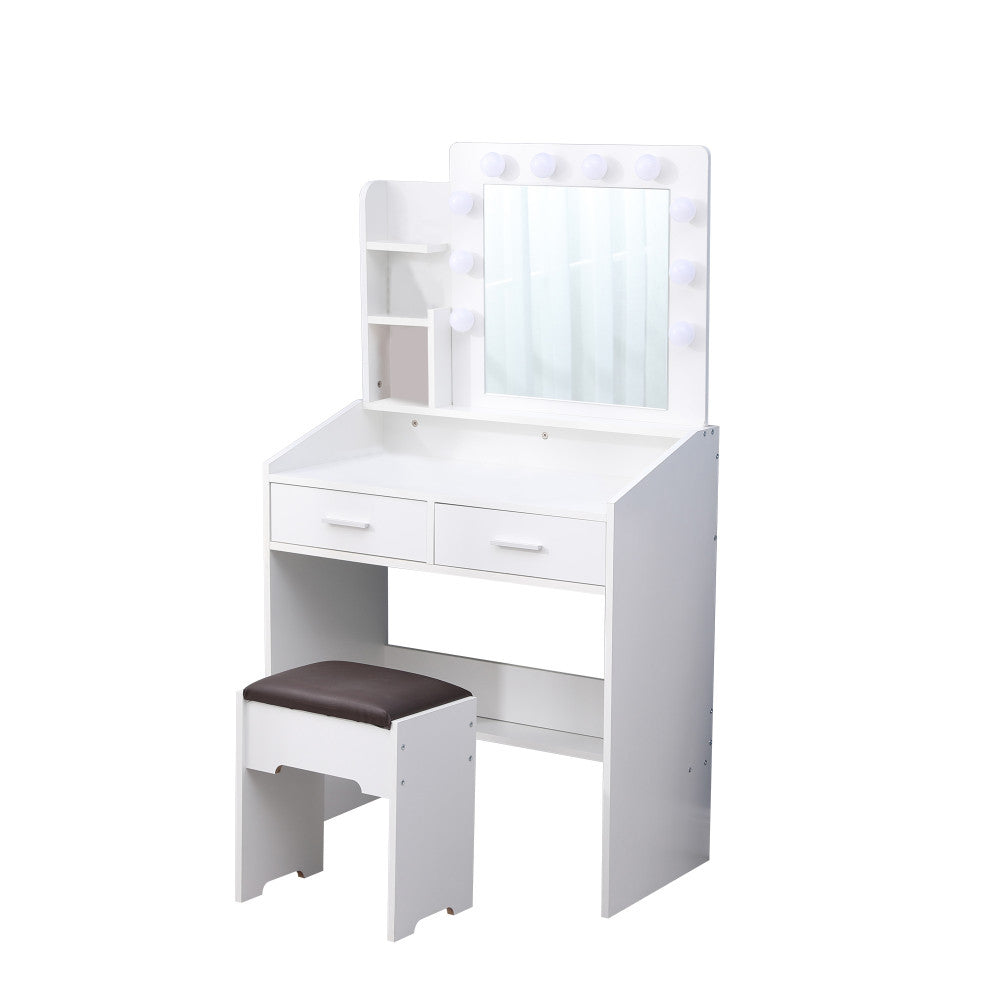 Diana Vanity Set with Shelves Cushioned Stool and Lighted Mirror - White