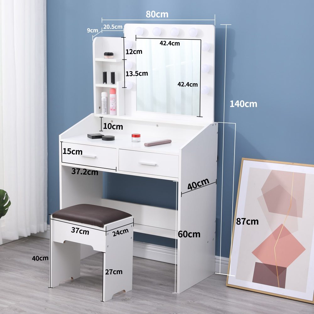 Diana Vanity Set with Shelves Cushioned Stool and Lighted Mirror - White