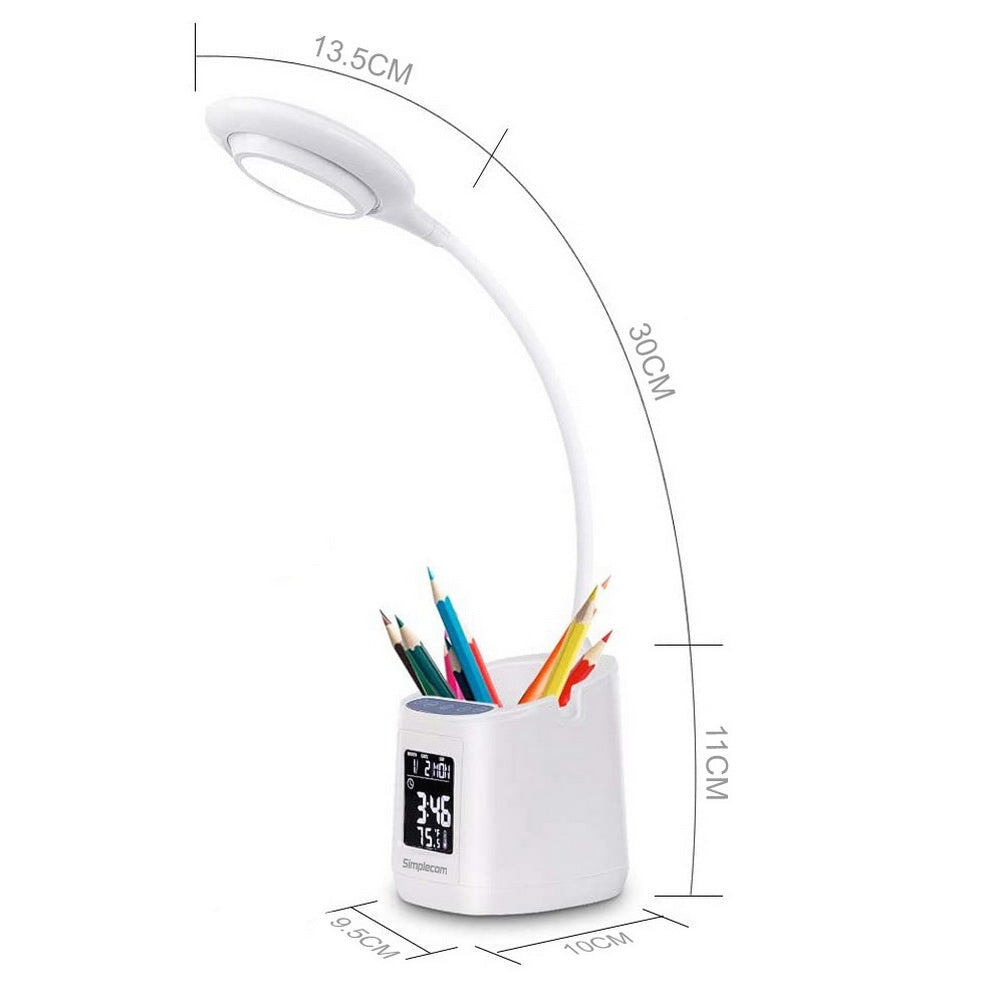 Simplecom EL621 LED Desk Lamp with Pen Holder and Digital Clock Rechargeable - White