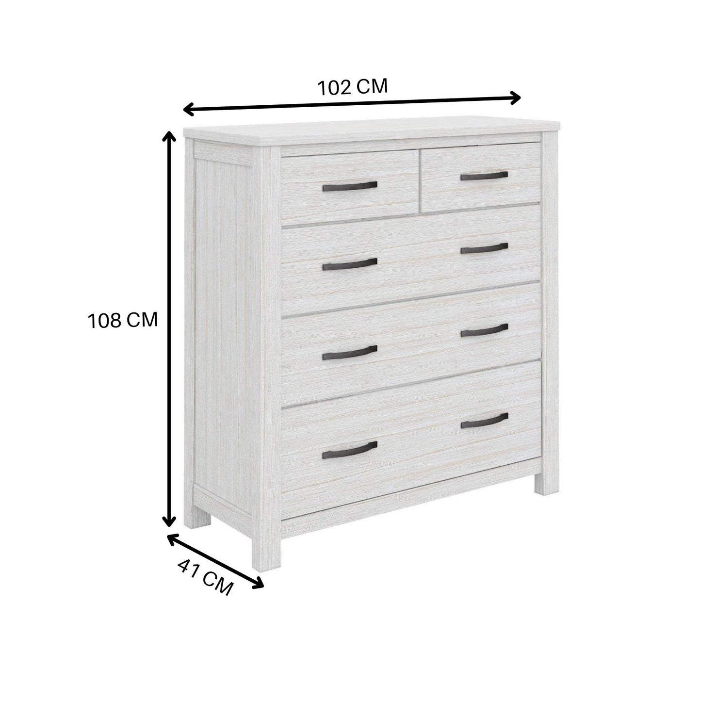 Solid Ash Wood Tallboy 5 Chest of Drawers - White