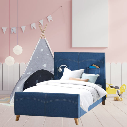 Phlox Kids Single Bed Fabric Upholstered Frame - Denim