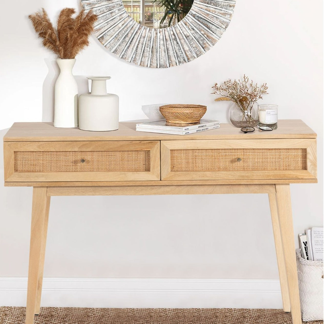 Olearia Console Table 110cm Solid Mango Timber Wood Rattan Furniture  - Natural