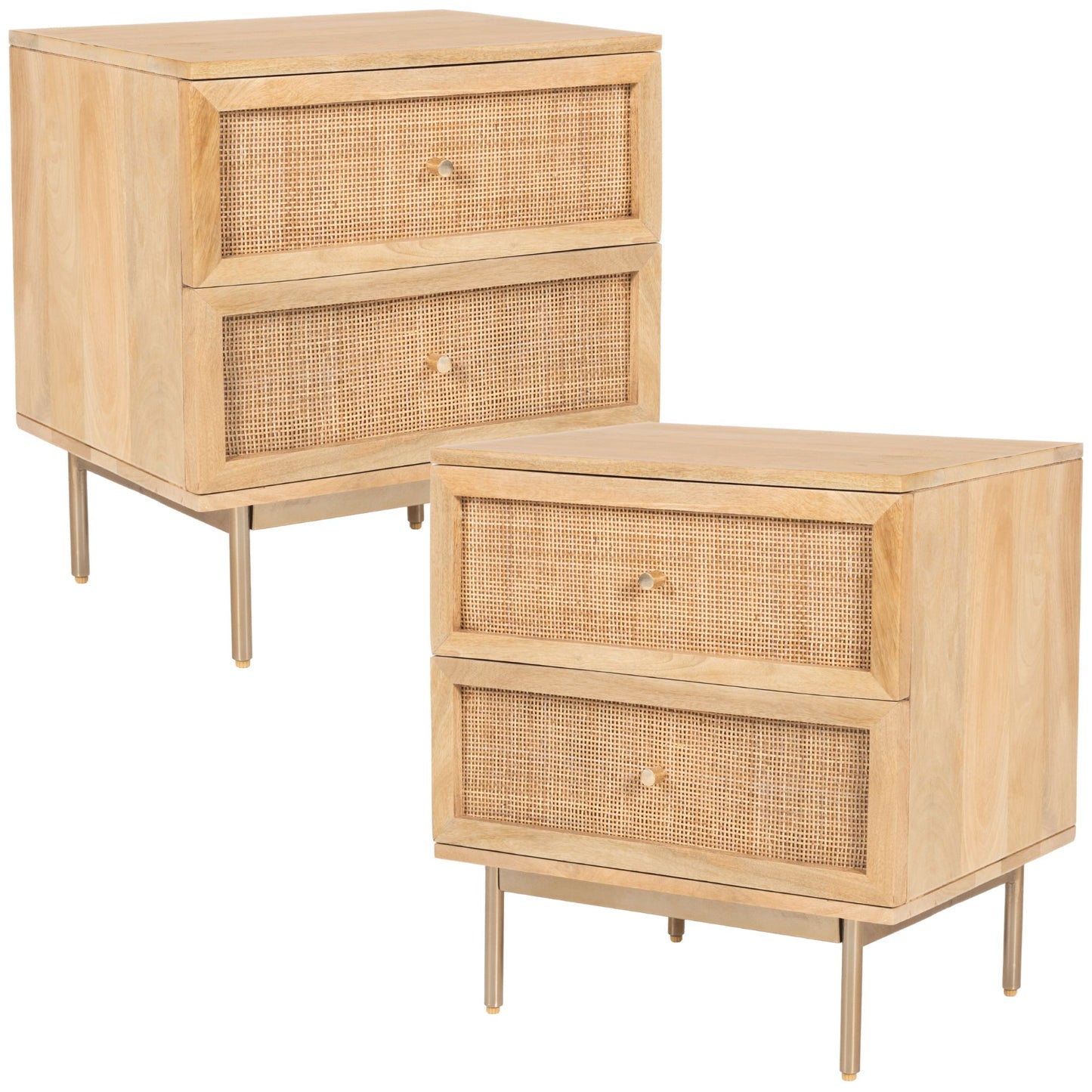 Set of 2 Rattan with Solid Mango Wood Bedside Tables