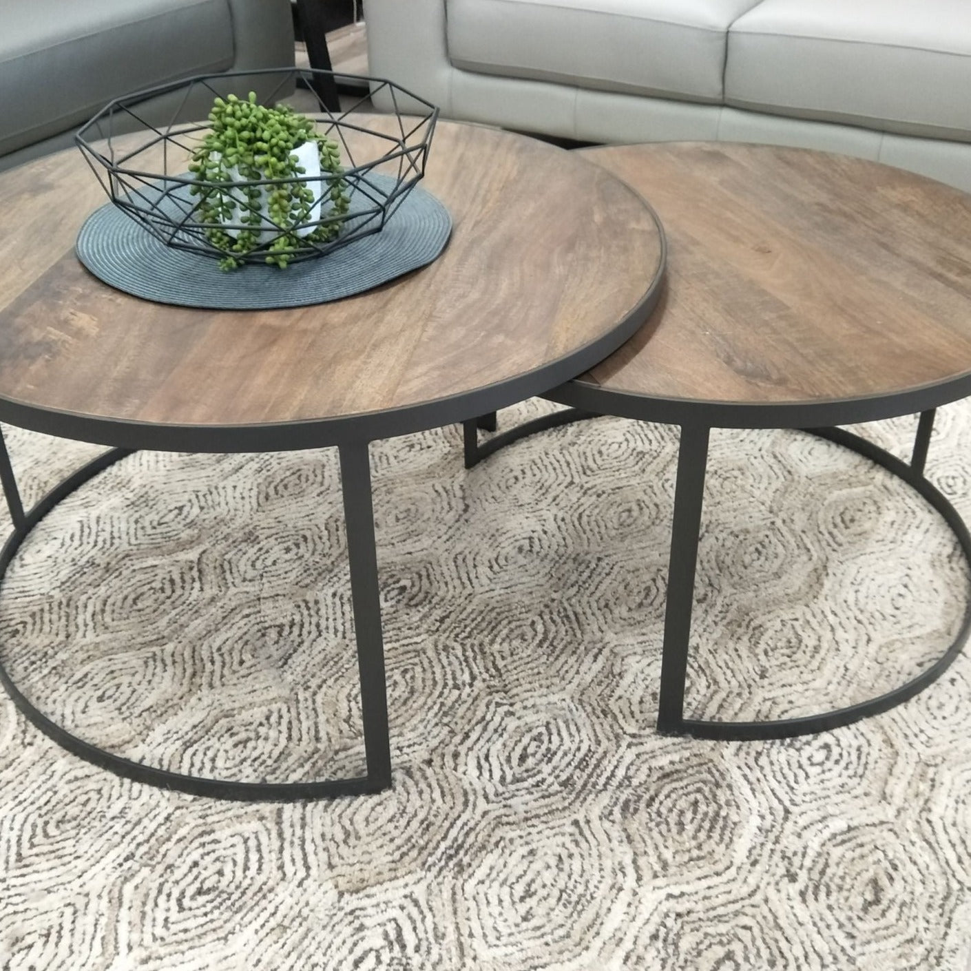 2pc Mango Wood and Metal Round Nesting 80cm Coffee Table - Natural