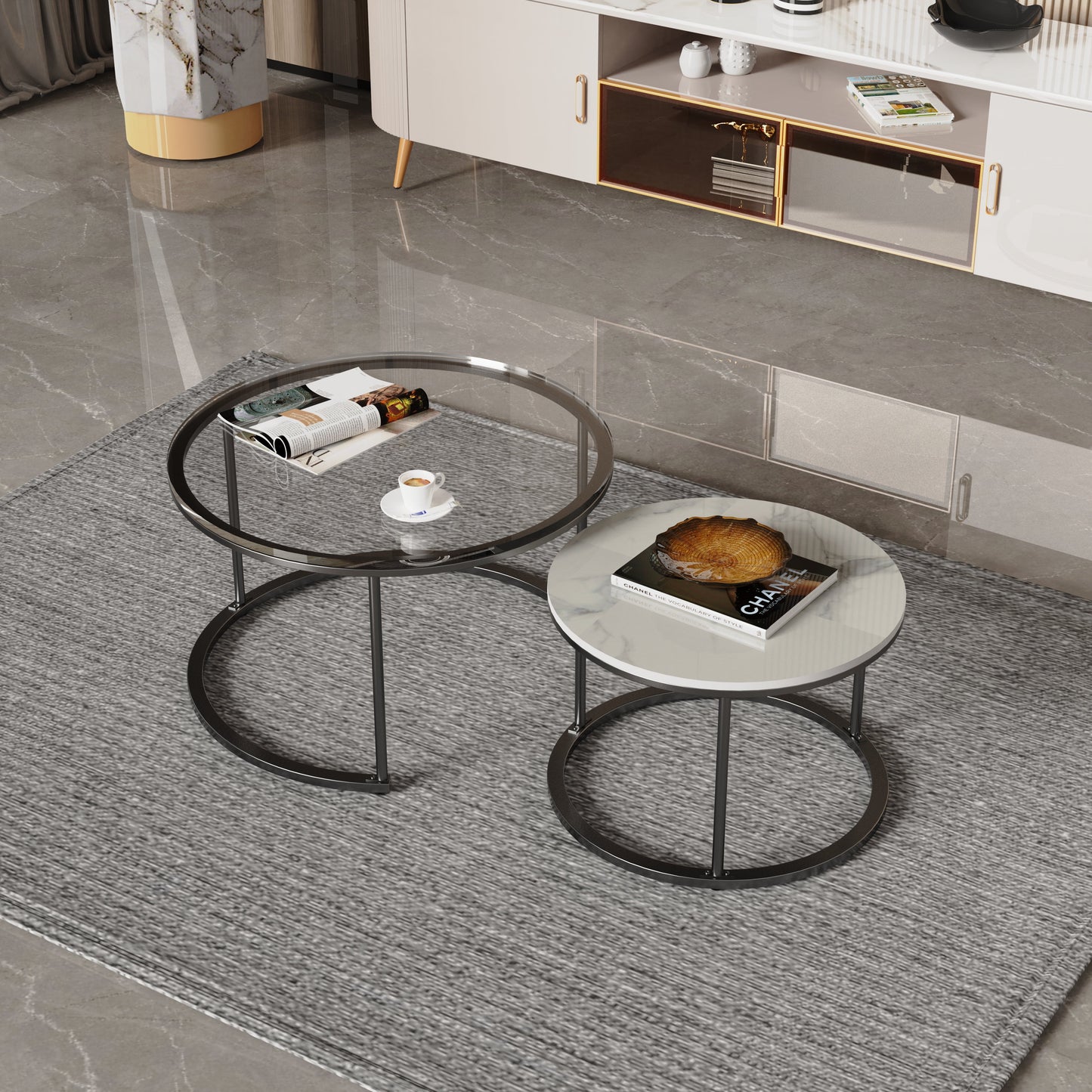 Interior Ave  Elle Luxe Nested Coffee Table Set - Marble & Black