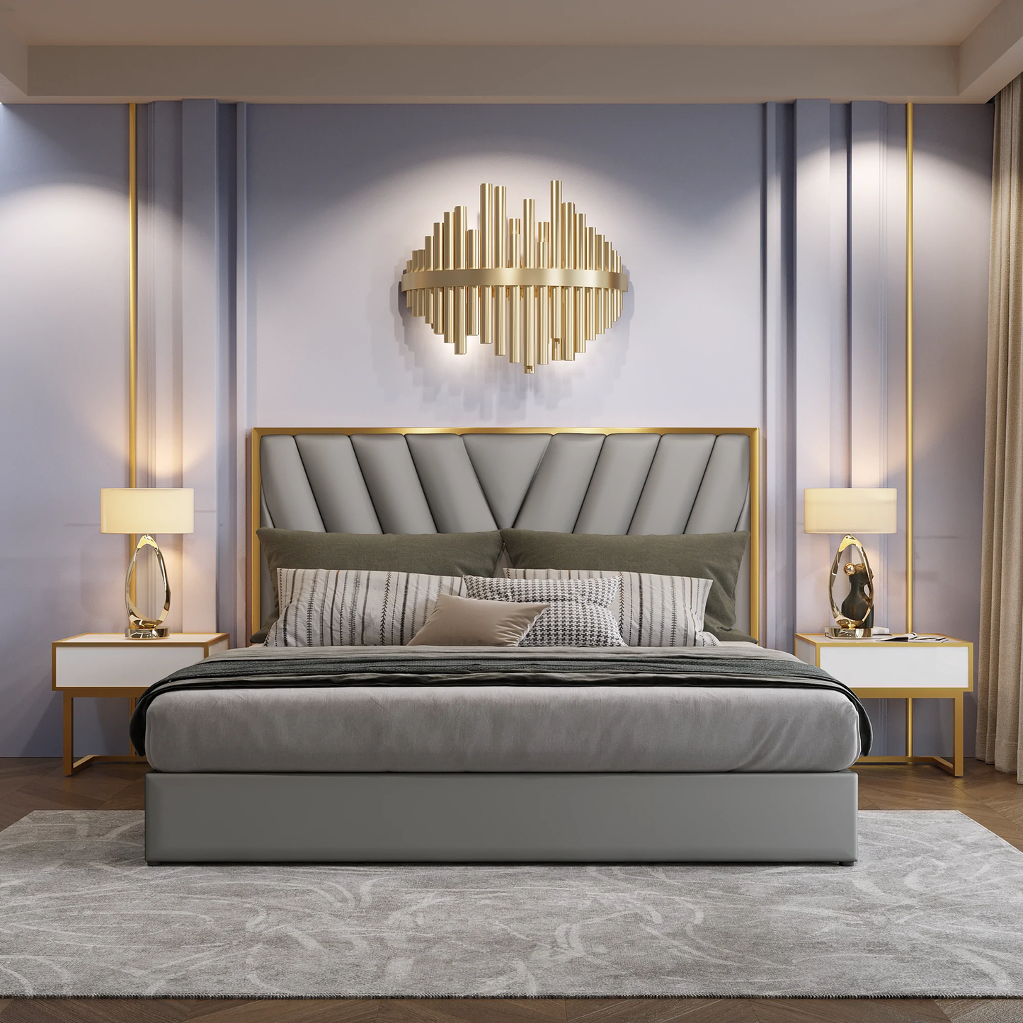 King Size Menlo Elegant Luxury Bedframe - Golden Trim Grey