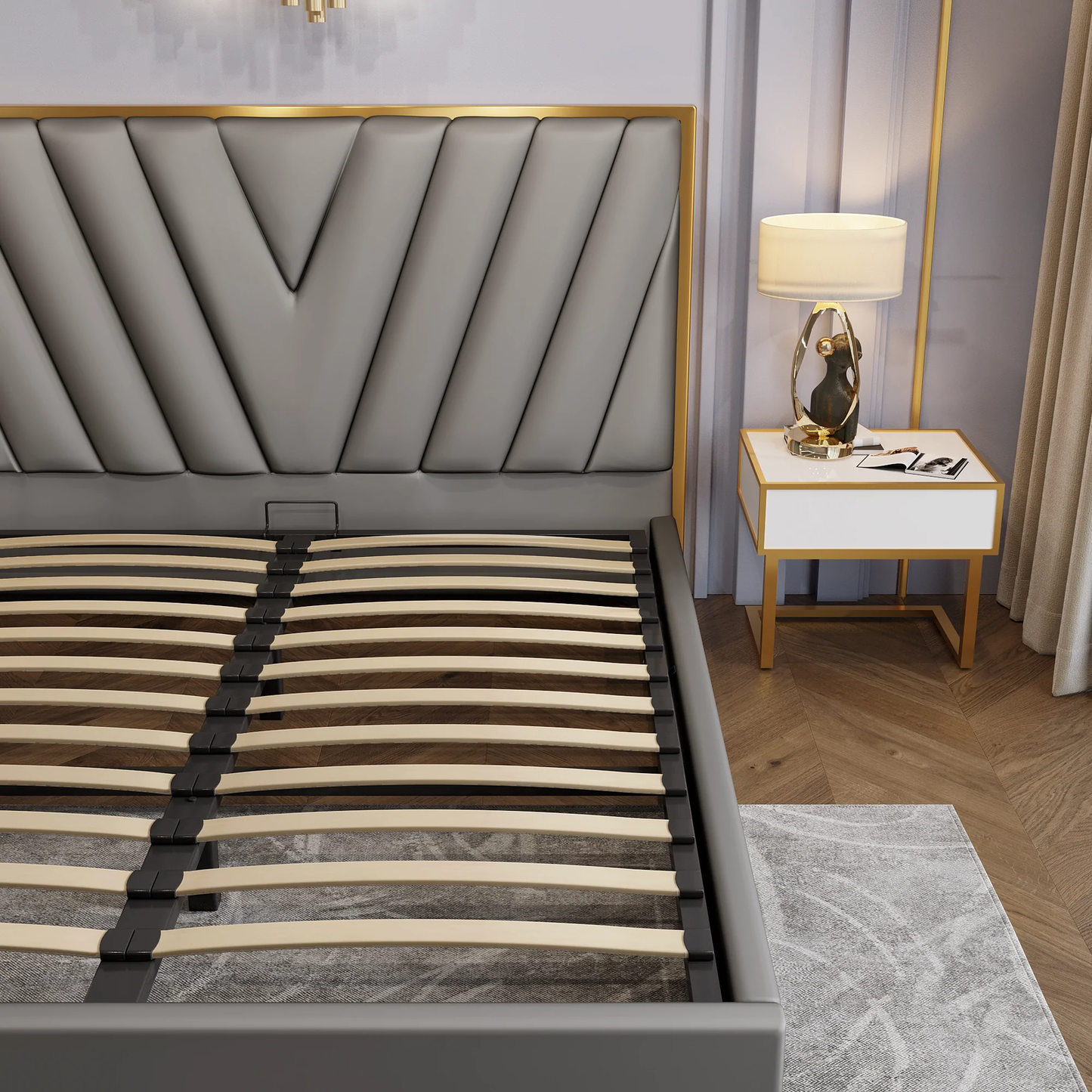 King Size Menlo Elegant Luxury Bedframe - Golden Trim Grey
