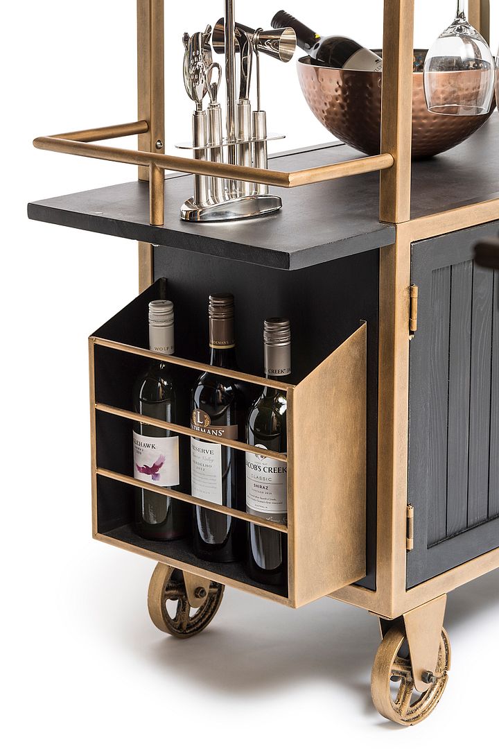 French Brass and Black Drinks Trolley with Bottle Rack Storage