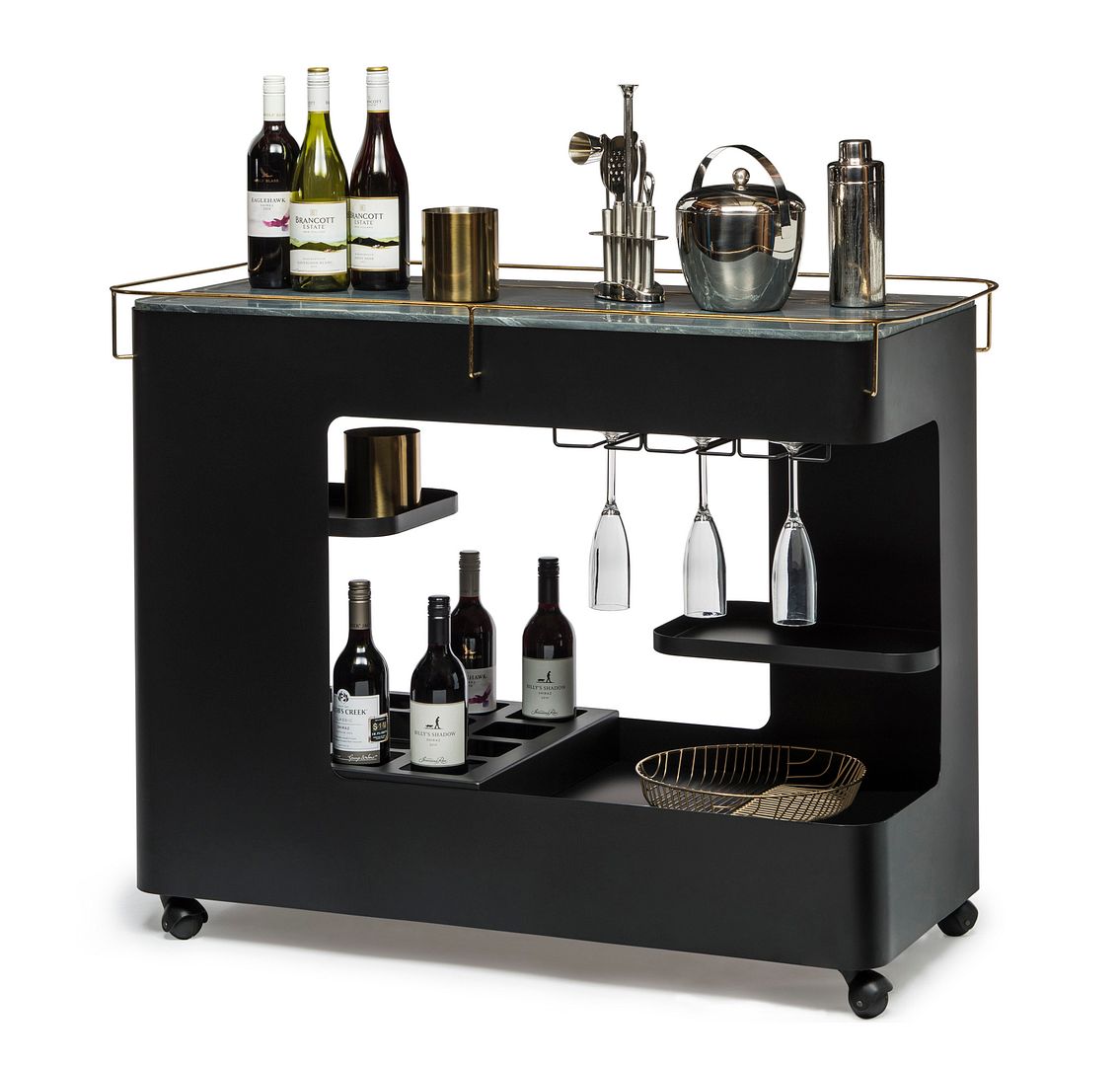 Large Contemporary Black & Gold Drinks Trolley with Marble Top and Stemware Rack