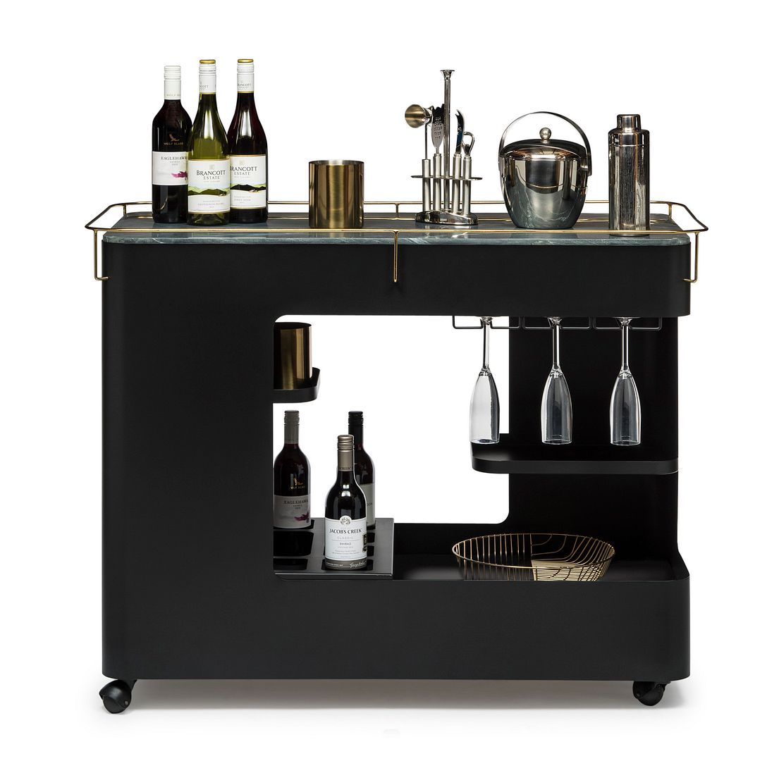 Large Contemporary Black & Gold Drinks Trolley with Marble Top and Stemware Rack