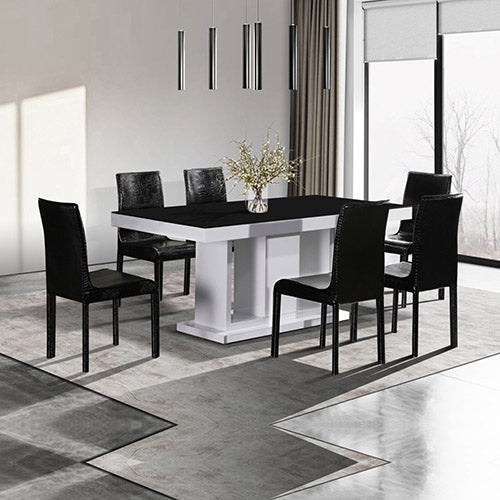7 Piece Dining Table & 6 Black Chairs - Black & White