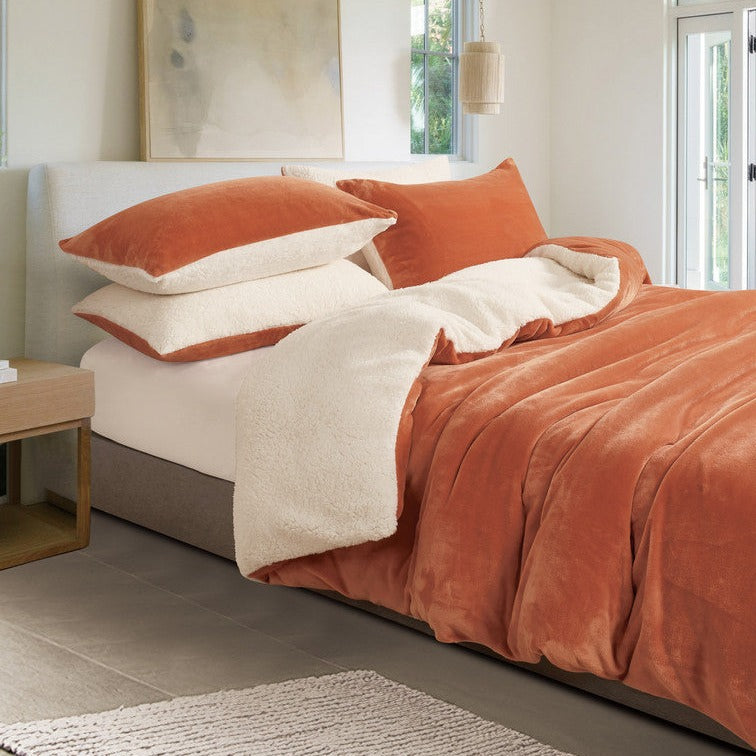 Single 2 in 1 Teddy Sherpa Quilt Cover Set and Blanket - Terracotta