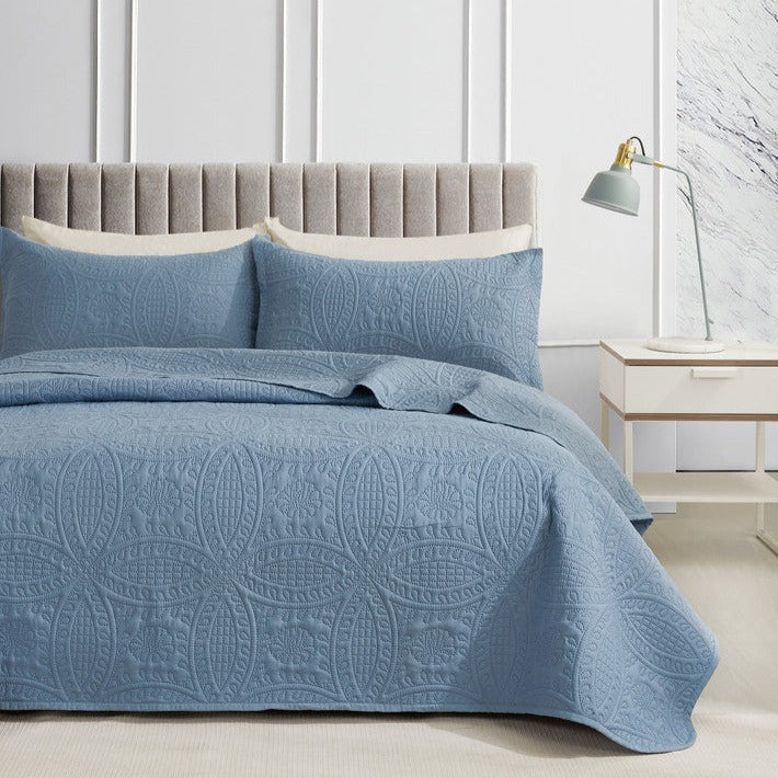 Queen Lisbon Quilted 3 Pieces Embossed Coverlet Set - Blue