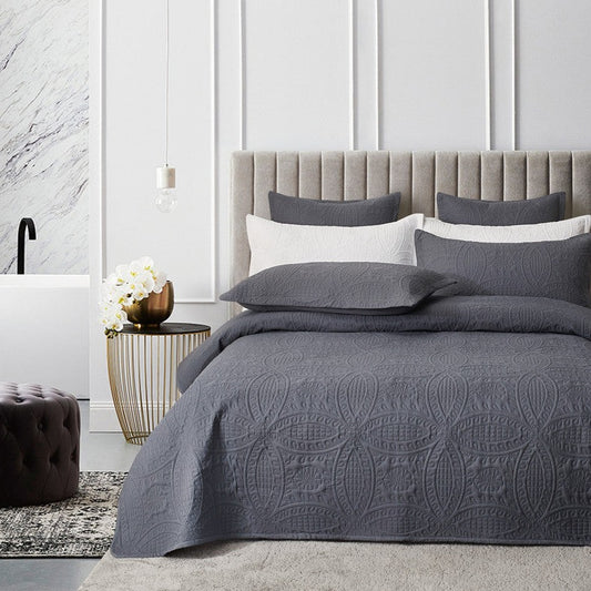 Queen Lisbon Quilted 3 Pieces Embossed Coverlet Set - Charcoal