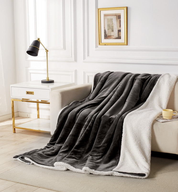 Queen 2 in 1 Teddy Sherpa  Quilt Cover Set and Blanket - Charcoal