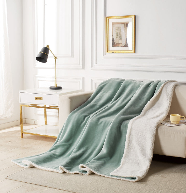 Queen 2 in 1 Teddy Sherpa  Quilt Cover Set and Blanket - Sage Green