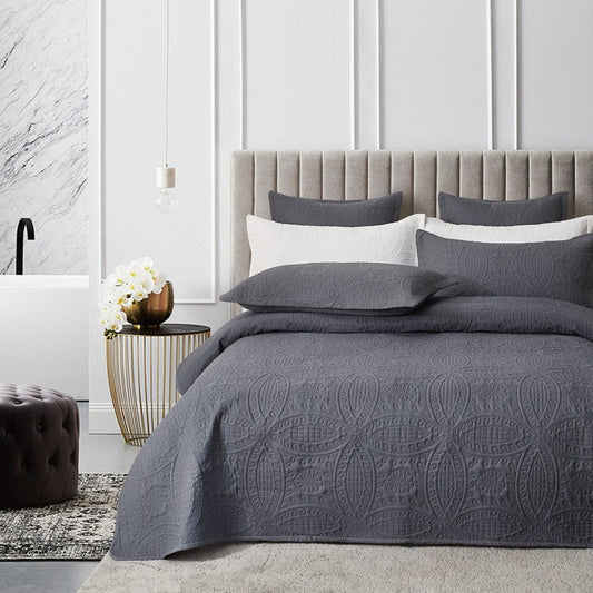 King Lisbon Quilted 3 Pieces Embossed Coverlet Set - Charcoal