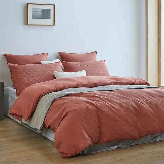 King 100% Cotton Checkered Waffle Quilt Cover Set -Terracotta
