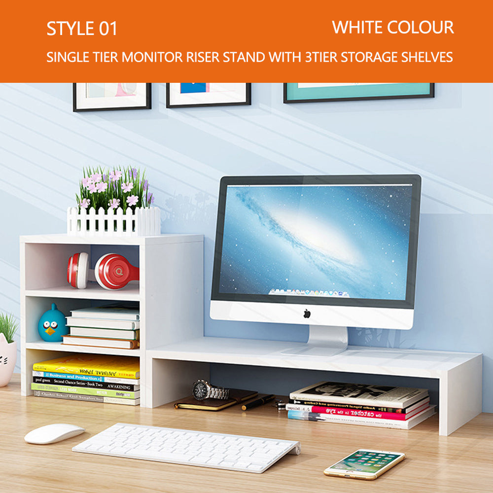 3Tier Riser Stand Wooden Desk Monitor - White Wood