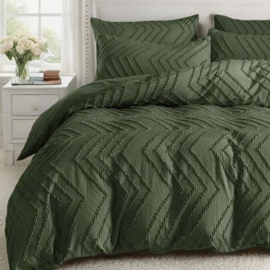 King Size Tufted Boho Wave Jacquard Quilt Cover Set- Dark Green