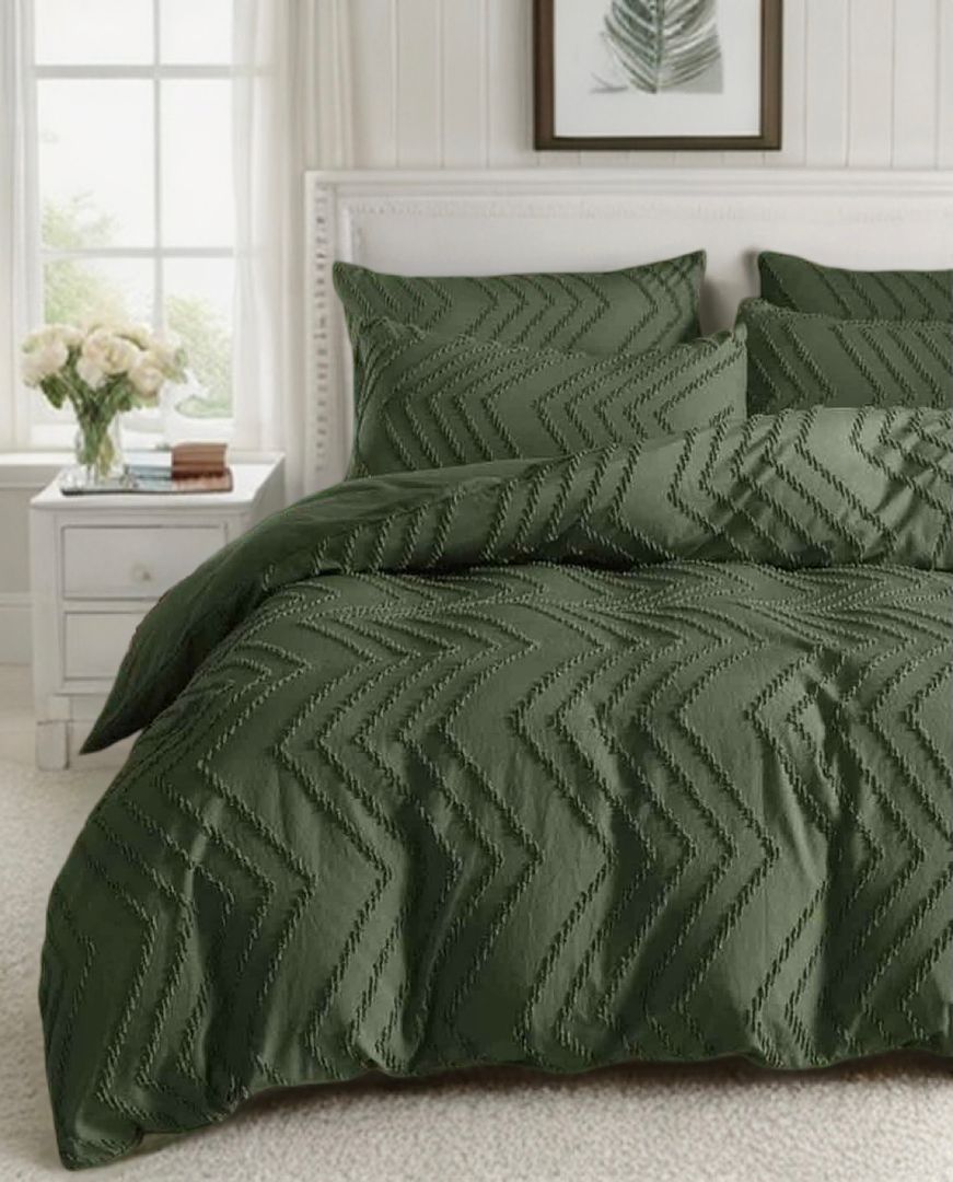 Super King Size Tufted Boho Wave Jacquard Quilt Cover Set- Dark Green