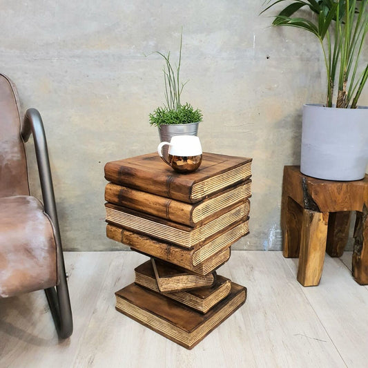 Side Table Book Stack Design with Storage Compartment Natural Burned