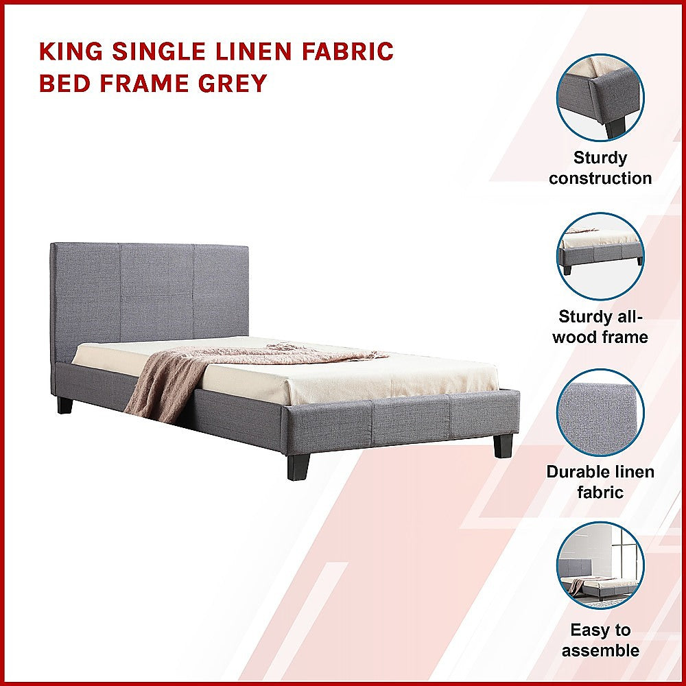 King Single Linen Fabric Bed Frame - Grey