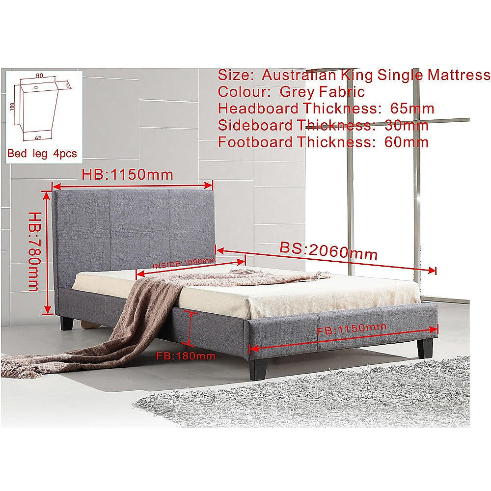 King Single Linen Fabric Bed Frame - Grey