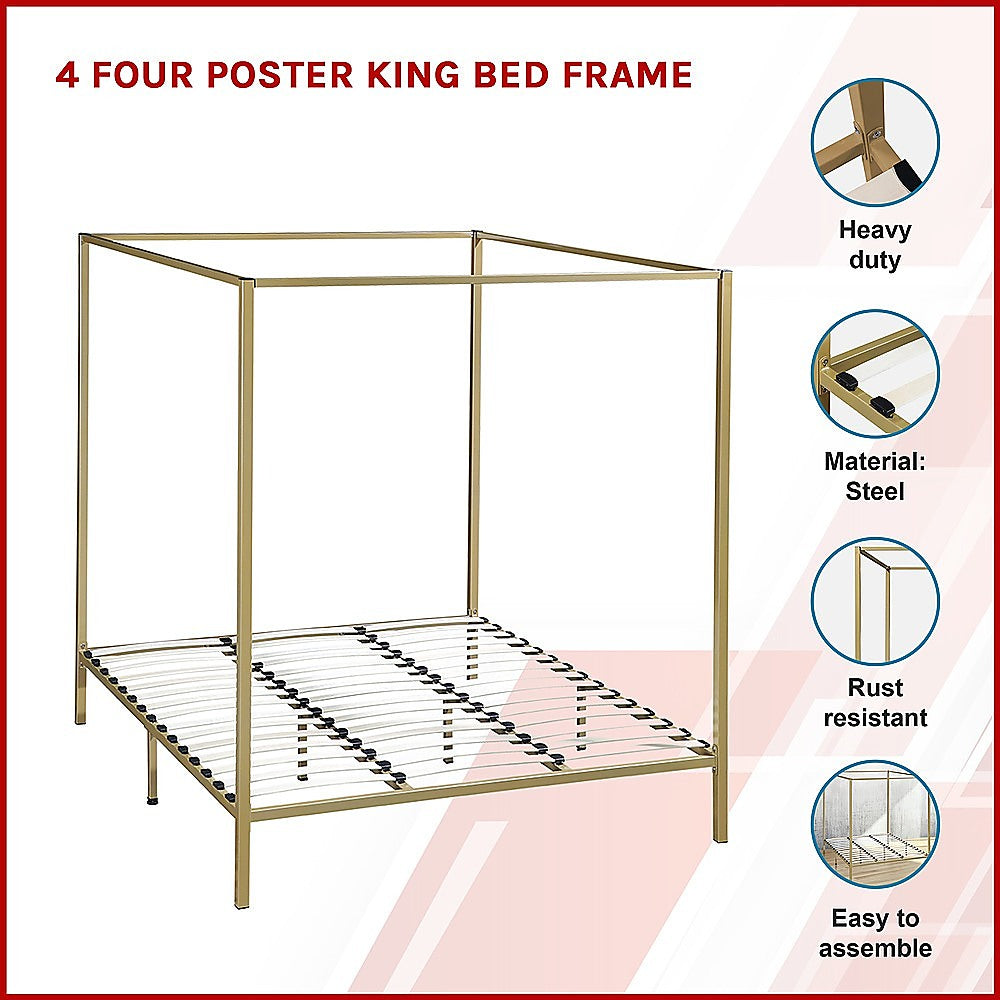 4 Four Poster King Bed Frame - Gold