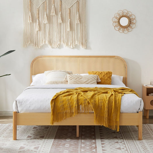 Double Lulu Bed Frame with Curved Rattan Bedhead