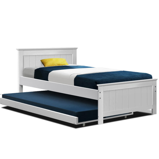 King Single Wooden Trundle Bed - White