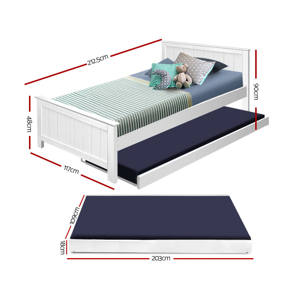 King Single Wooden Trundle Bed - White